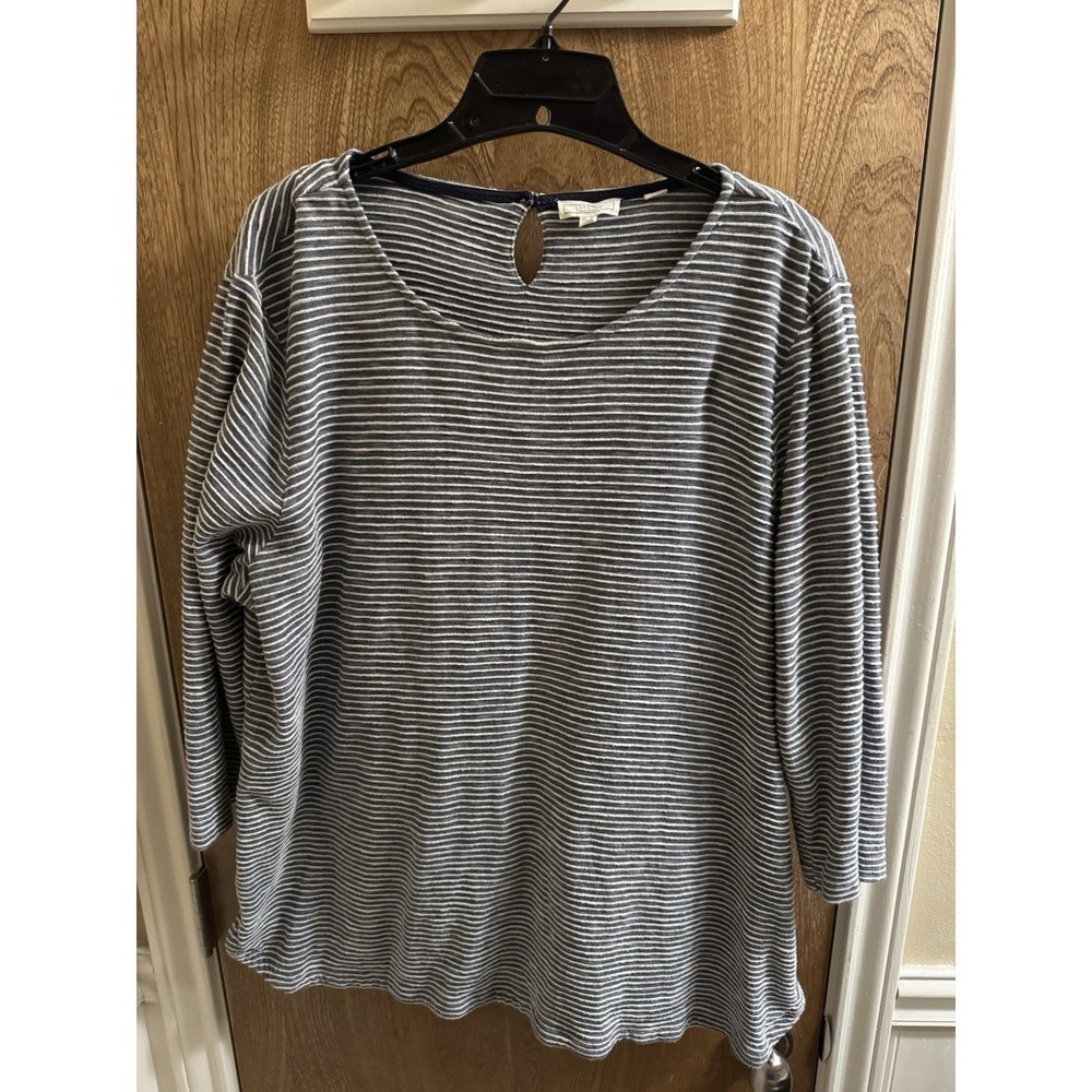 Fat Face Ladies Ribbed Striped Tulip Top Navy Blue White 14 Button Side TearBack